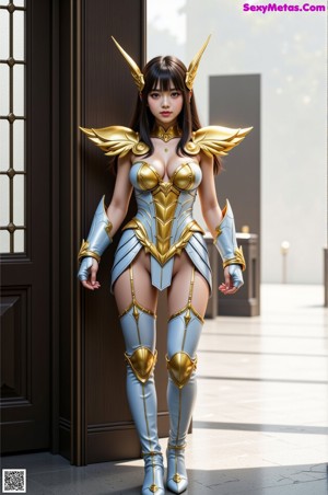 A woman in a gold outfit is posing for a picture.