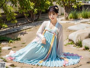 A woman in a white and yellow kimono posing for a picture.