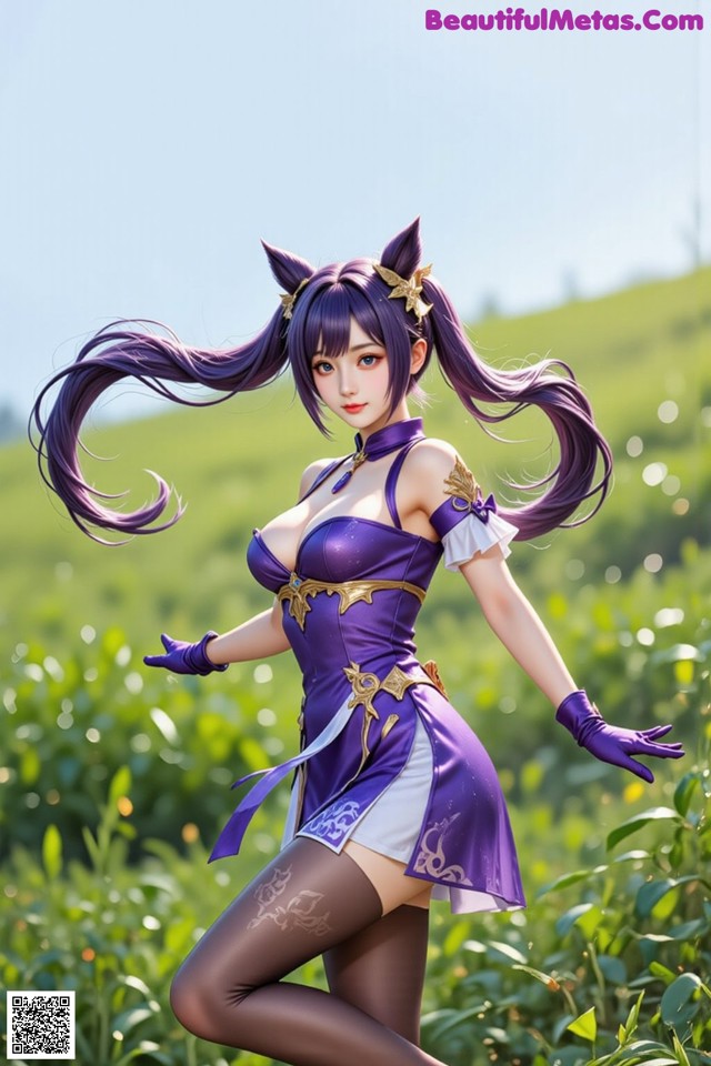 Hentai - Sovereign of Lightning in Exquisite Garb Set.1 20250125 Part 13 No.f7a61b A woman in a purple dress is posing in a field.