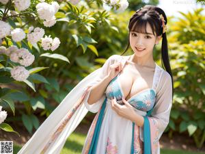 A woman in a white robe is posing for a picture.