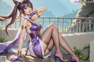 A woman in a purple dress sitting on a chair.