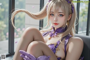 A woman in a purple dress holding a white flower.