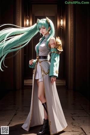 A woman with long blue hair wearing a green bra top.