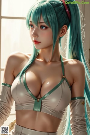 A woman with long blue hair wearing a school uniform.