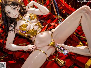A naked woman sitting on top of a table.