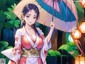 A woman in a kimono sitting on a bench with an umbrella.