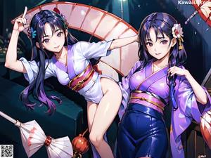 A woman in a blue kimono pointing at something.