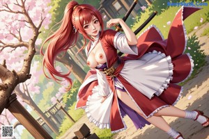 A woman in a kimono with cherry blossoms in the background.