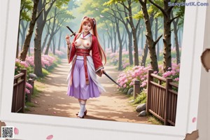 A woman in a kimono with cherry blossoms in the background.