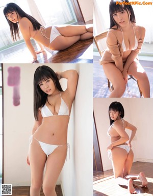 A woman in a white bra and panties sitting on a bed.