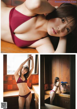 A woman in a white bikini posing by a window.