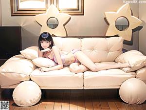 A woman in a pink shirt is sitting on a couch.