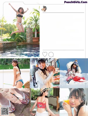 A collage of photos of a woman in a bikini and flip flops.