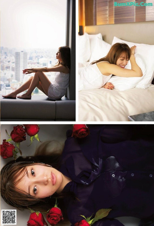 A woman laying on a bed next to a window with red roses.