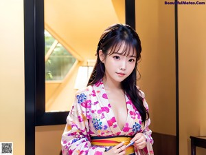 A woman in a pink kimono posing for the camera.