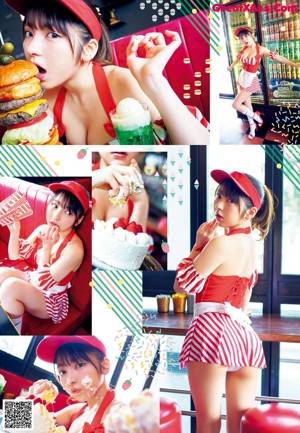 A woman in a red hat eating a piece of cake.