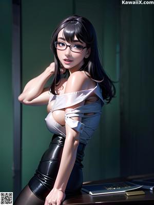 A woman in a white shirt and black skirt posing for a picture.