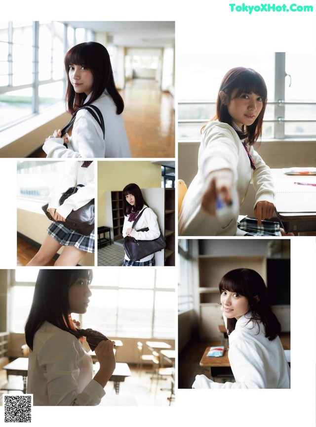 A collage of photos of a woman in a school uniform.