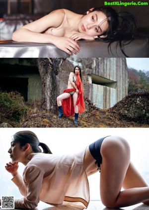 A woman in a white bra and panties leaning against a wall.