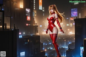 A woman in a red latex outfit sitting on top of a building.