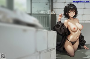 A 3D rendering of a nude woman sitting on the ground.