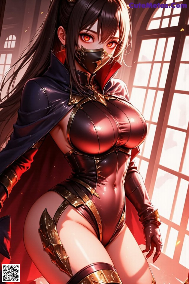 A woman in a red and black outfit is posing for a picture.