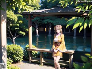 Anime girl with long white hair standing in front of a building.