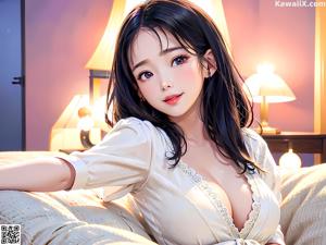 A woman in a white dress sitting on a bed.