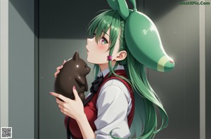 A woman holding a small dog in her arms.