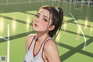 A woman in a basketball uniform dribbling a basketball on a court.
