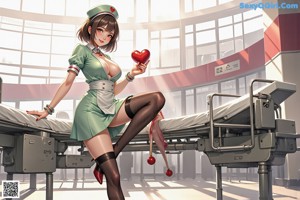 A woman in a nurse uniform posing in front of a window.