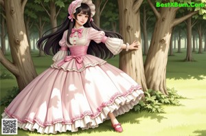A girl in a pink and white dress is walking down the street.