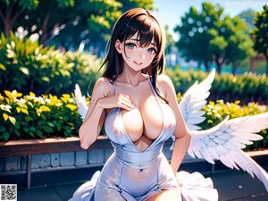 A naked anime girl sitting on a red couch.
