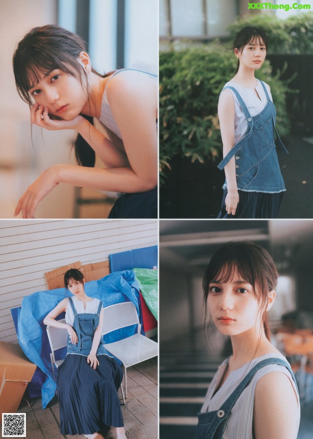 A collage of photos of a woman sitting on a chair.