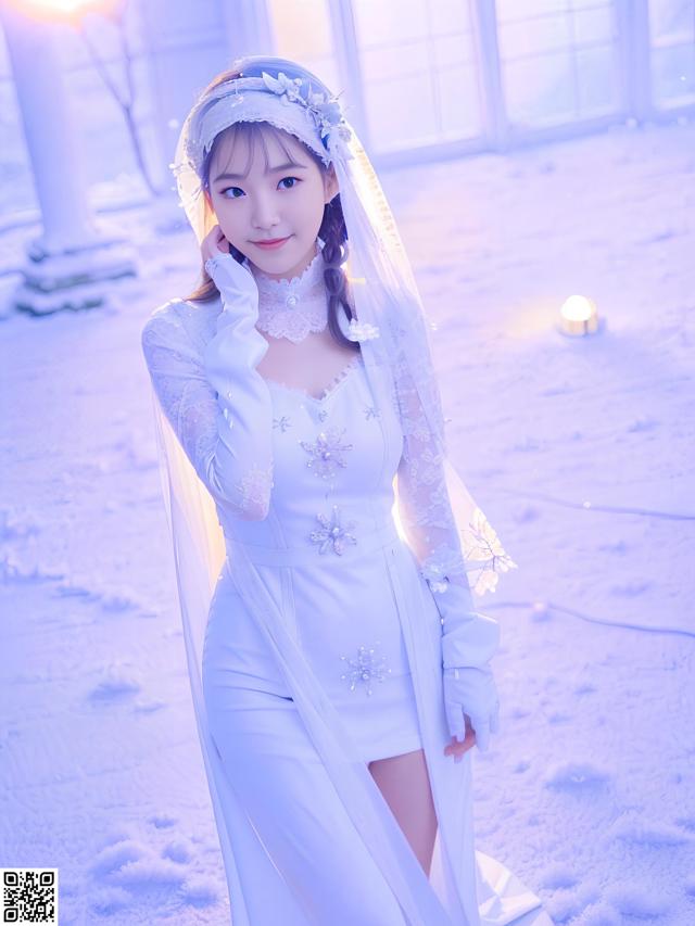 A woman in a white wedding dress standing in the snow.