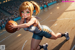 A woman in a green uniform playing basketball on a court.