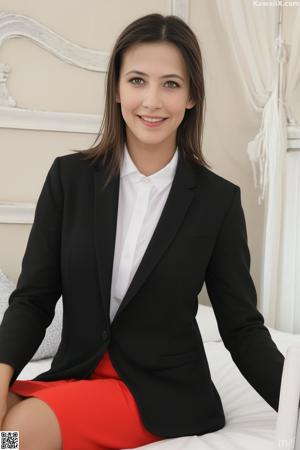A woman in a purple shirt and black skirt posing for a picture.