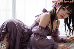 A young woman wearing a purple dress and a flower crown.