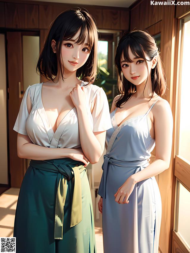 A couple of women standing next to each other in a room.