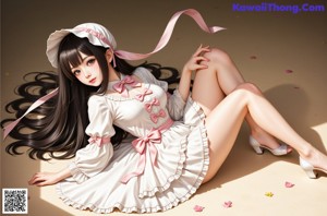 A girl in a dress and hat sitting on a chair.