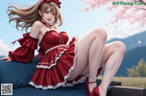 A woman in a red and white dress sitting on the ground.