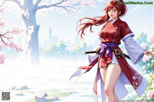 A woman in a red and purple outfit holds swords, standing outdoors with cherry blossoms.
