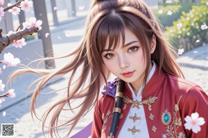 A woman with long brown hair and traditional attire stands outdoors amidst cherry blossoms.