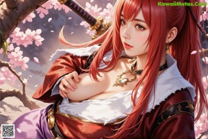 A woman with long red hair stands by a canal, holding a sword, surrounded by cherry blossoms and traditional architecture.
