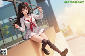 A woman in a school uniform posing for a picture.
