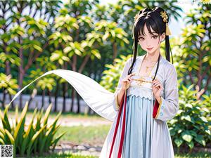 A woman in a blue kimono standing in front of a tree.