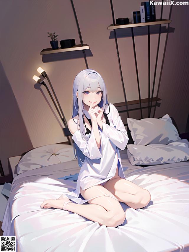 A woman sitting on top of a bed in a bedroom.
