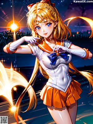 A girl in a sailor outfit standing in front of a building.