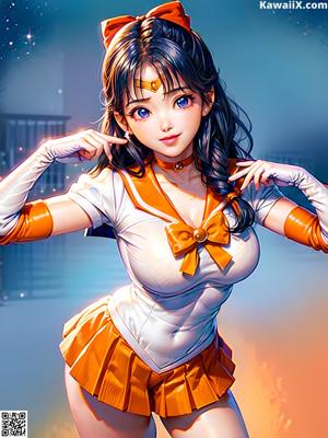 A girl in a sailor outfit standing in front of a building.