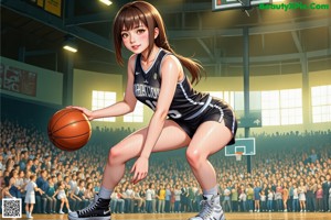 A woman holding a basketball on top of a basketball court.